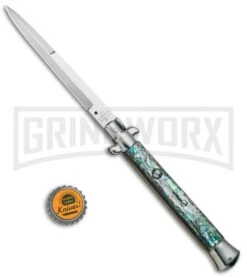 AGA Campolin 11" 2017 Italian Picklock Abalone Automatic Knife - Bayonet -Elite Knives Shop AGA Campolin 11in Picklock Italian Stiletto Abalone Satin BHQ 78223 jr bottlecap 2 large