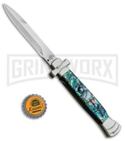 A.G.A. Campolin 9" Maltese Cross Abalone Stiletto Automatic Knife - Bayo Satin -Elite Knives Shop AGA Campolin 9in Bayo Italian Stiletto Auto Abalone Satin BP 28947 jr bottlecap large