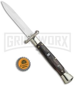 AGA Campolin 9" Italian Stiletto Swinguard Dark Horn Automatic Knife - Bayonet -Elite Knives Shop AGA Campolin 9in Italian Stiletto Dark Horn Auto Bayo GX 11091 jr bottlecap large