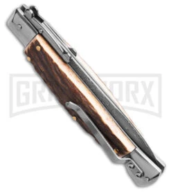 AKC Automatic Swinguard 9" Stag Bayonet Blade - Damascus Plain -Elite Knives Shop AKC Stiletto Swinguard Automatic Knife Stag Horn w Sheath 4in Damascus Bayo BHQ 189377 hd side large