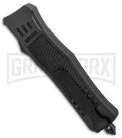 Atomic Defender Large OTF Automatic Knife Black - Satin Drop Point -Elite Knives Shop Atomic Defender Black OTF Auto Satin Plain GX 33725 jr side large