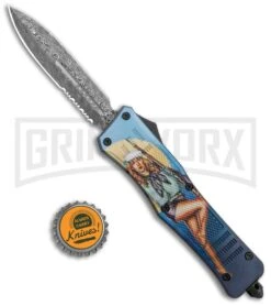 Atomic Defender Large OTF Automatic Knife Pin Up Blue - Serr Damascus Dagger -Elite Knives Shop Atomic Defender Large OTF Auto Pin Up Blue Serr Damascus Dagger GX 37342 jr bottlecap large