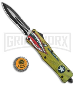 Large Atomic Defender OTF Yellow Warhawk Automatic Dagger Knife - Two Tone Serr -Elite Knives Shop Atomic Defender Large OTF Auto Yellow Warhawk TT Dagger Double Serr GX 38218 jr bottlecap large