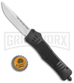 Atomic Defender Medium OTF Automatic Knife Black - Satin Drop Point -Elite Knives Shop Atomic Defender Medium OTF Auto Black Satin DP GX 35866 jr bottlecap large