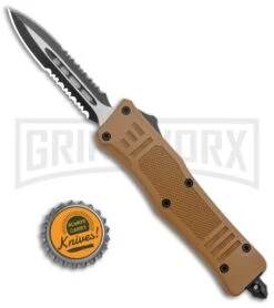 Atomic Defender Mini OTF Automatic Knife Sand Brown (2.625" Two-Tone Serr) -Elite Knives Shop Atomic Defender Mini OTF Auto Sand Brown TT Dagger Serr GX 37532 jr bottlecap large