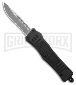 Atomic Defender Mini OTF Automatic Knife Black - Serrated Damascus Drop Point