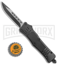Atomic Defender Mini OTF Automatic Knife Black - Two Tone Drop Point -Elite Knives Shop Atomic Defender Mini OTF Black TT DP GX 38642 jr bottlecap large