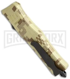 Atomic Defender Large OTF Automatic Knife Tan Digi Camo - Two Tone Recurve Tanto -Elite Knives Shop Atomic Defender OTF Recurve Tanto Tan Camo TT 6PA20 55CA BP 19789 jr side large