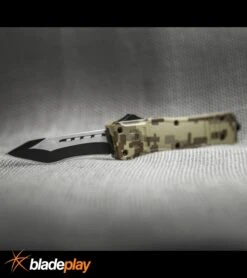 Atomic Defender Large OTF Automatic Knife Tan Digi Camo - Two Tone Recurve Tanto -Elite Knives Shop Atomic Defender Recurve Tanto Tan Camo OTF TT 6PA20 55CA BP 19789 jr lifestyle large