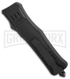 Atomic Defender Large OTF Automatic Knife Black - Serr Two Tone Drop Point -Elite Knives Shop Atomic Defender drop point black two tone serr BP 19353 er side large