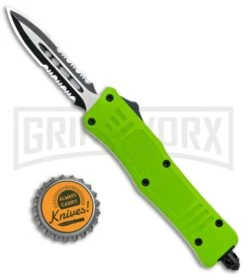 Atomic Defender Mini OTF Automatic Knife Zombie Green - Serr Two Tone Dagger -Elite Knives Shop Atomic Mini Defender Bright Green OTF Auto Black Dagger Serr GX 33965 jr bottlecap large