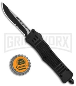 Atomic Defender Mini OTF Automatic Knife Black - Serr Two Tone Drop Point -Elite Knives Shop Atomic Mini Defender DP Black OTF Automatic TT Serr GX 32294 jr bottlecap large