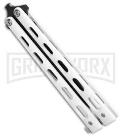 Bear & Son 115W White Butterfly Knife - Black Plain 4TH18 -Elite Knives Shop Bear Son Large Clip Point Butterfly Knife White 4in Black BHQ 77306 td side large