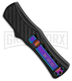 Edgeworks Carbon Fiber OTF Auto Knife Dagger - Rainbow Damascus Finish) -Elite Knives Shop Edgeworks Carbon Fiber OTF Auto Knife Dagger 3in Rainbow Damascus GX 42359 td side large
