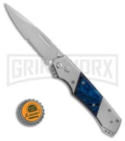 Super Knife Croc Automatic Knife Stainless W/ Blue Inlay - Satin Serr 9 Super Knife Croc Automatic Knife Stainless W/ Blue Inlay - Satin Serr -Elite Knives Shop GA303MBL BP 25774 er bottlecap large