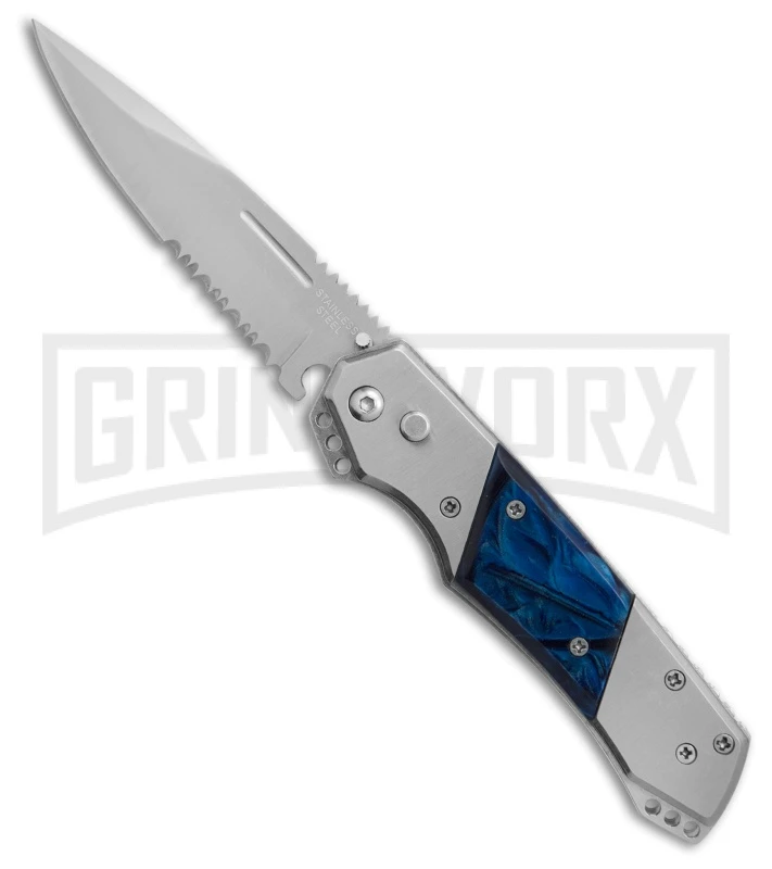 Super Knife Croc Automatic Knife Stainless W/ Blue Inlay - Satin Serr 3 Super Knife Croc Automatic Knife Stainless W/ Blue Inlay - Satin Serr