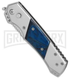 Super Knife Croc Automatic Knife Stainless W/ Blue Inlay - Satin Serr 8 Super Knife Croc Automatic Knife Stainless W/ Blue Inlay - Satin Serr -Elite Knives Shop GA303MBL BP 25774 er spine large