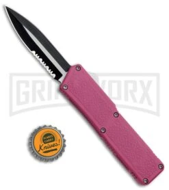 Lightning Pink D/A OTF Automatic Knife - Two-Tone Dagger Serrated -Elite Knives Shop Lightning Pink DA OTF Auto TT Dagger GX 30818 jr bottlecap large
