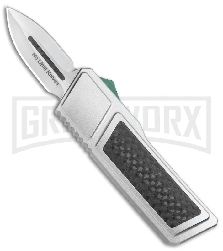 No Limit Knives Akuma OTF Automatic Knife Silver Green Hardware - Satin Plain 3 No Limit Knives Akuma OTF Automatic Knife Silver Green Hardware - Satin Plain