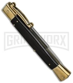 AGA Campolin 13" Stiletto Brass Swinguard Ebony Wood Automatic Knife - Bayonet -Elite Knives Shop aga 13in swing brass ebony bayo side cm large